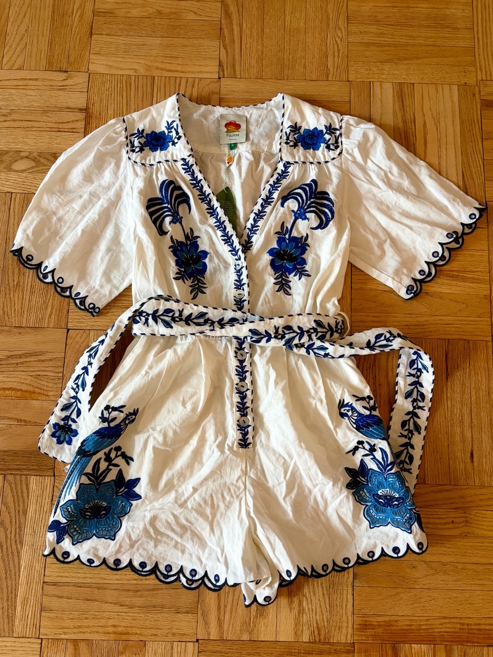 farm rio delicate forest blue richelieu embroidered romper